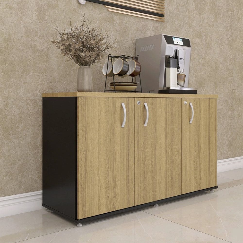 Armário para Escritório 3 Portas Credenza Preto/Samba