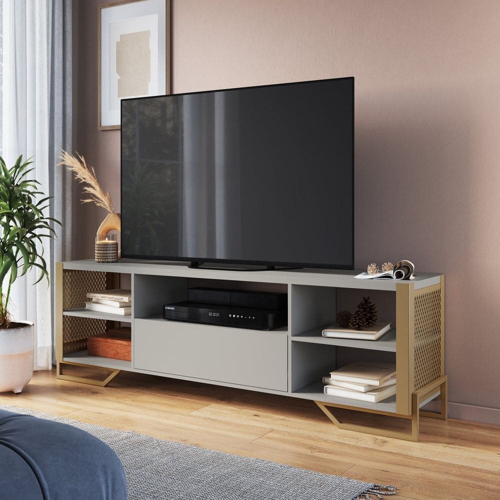 Rack para Tv 65 Polegadas Estilo Industrial 180cm Arena/Dourado