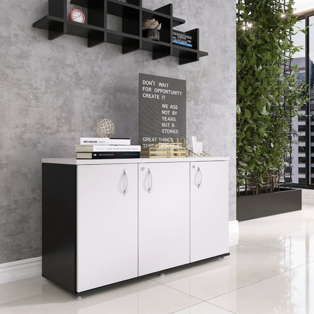 Armário para Escritório 3 Portas Credenza Preto/Branco