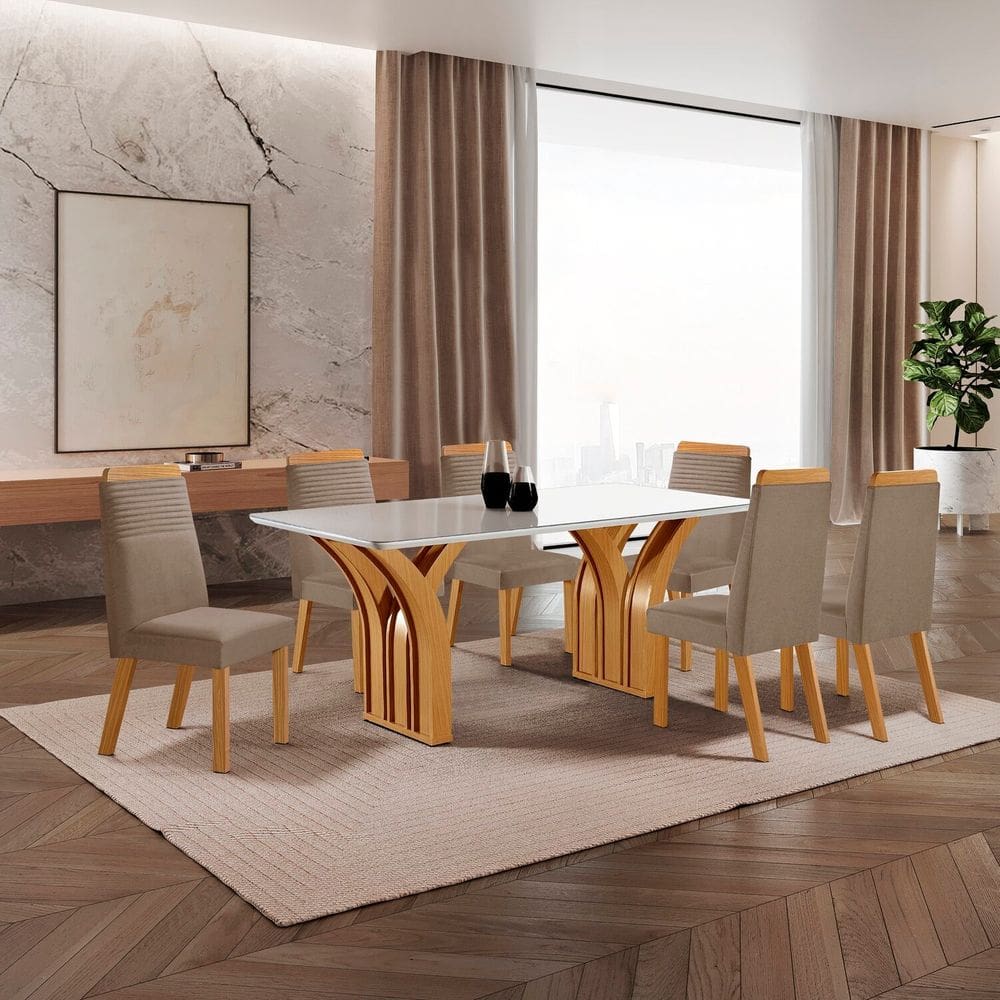 Conjunto de Jantar Mesa Miami Tampo Mdf e Vidro com 6 Cadeiras Catar Yescasa Castanho Cinamomo/Capuccino/Off White