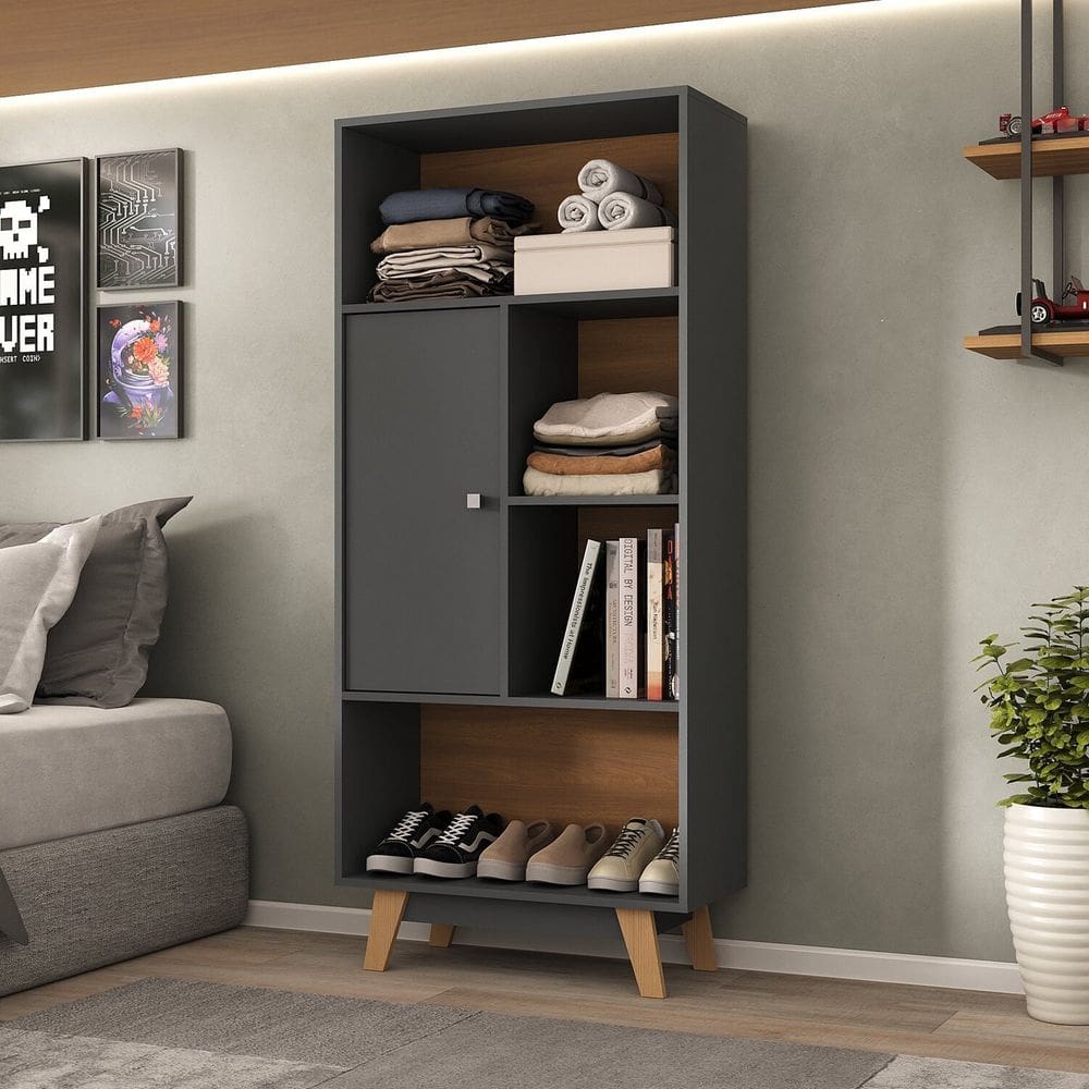 Estante para Quarto Livreiro 1 Porta Maven Espresso Móveis Grafite/Nogal