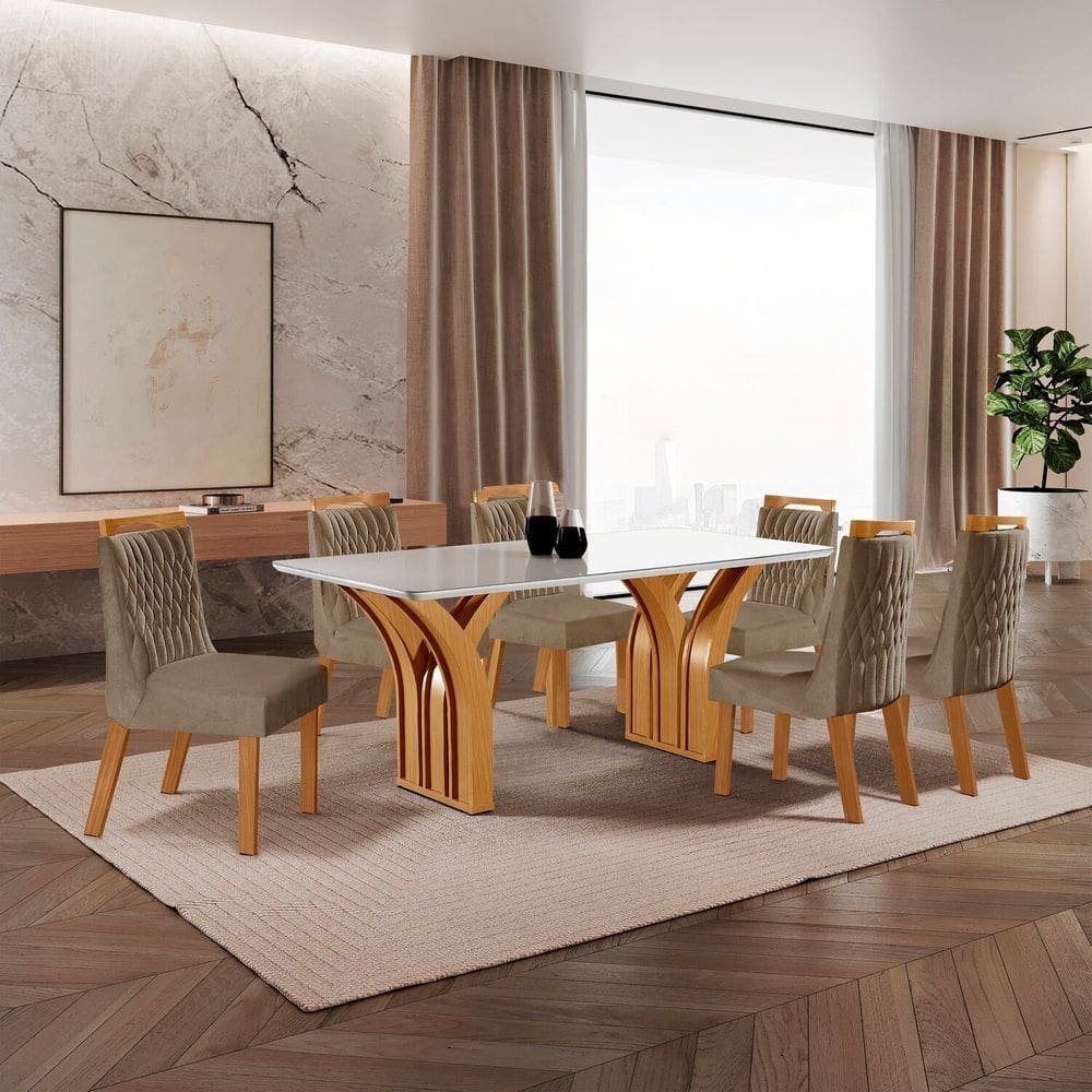 Conjunto de Jantar Mesa Miami Tampo Mdf e Vidro com 6 Cadeiras Atena Yescasa Castanho Cinamomo / Pena Caramelo / Off White