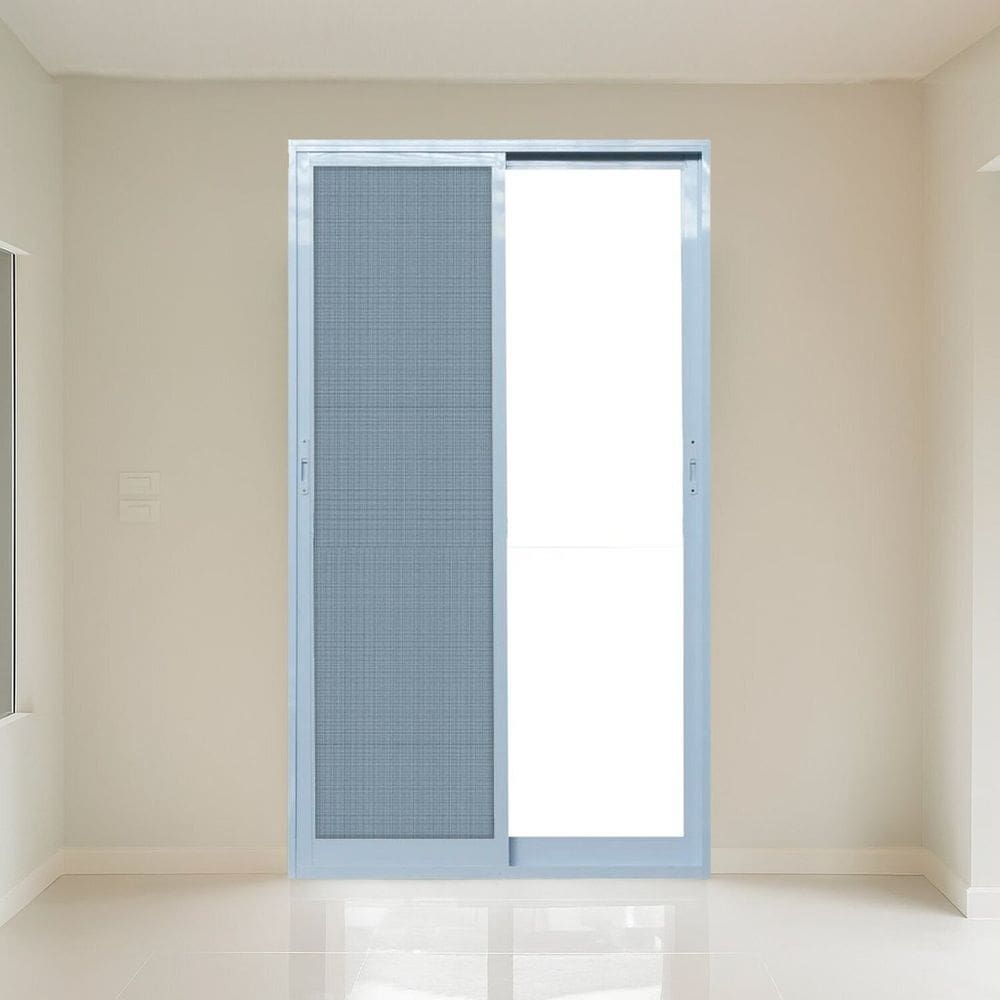 Porta de Correr com Tela Mosquiteira 200x215cm Vidro Temperado 6cm Fábrica do Alumínio Branco