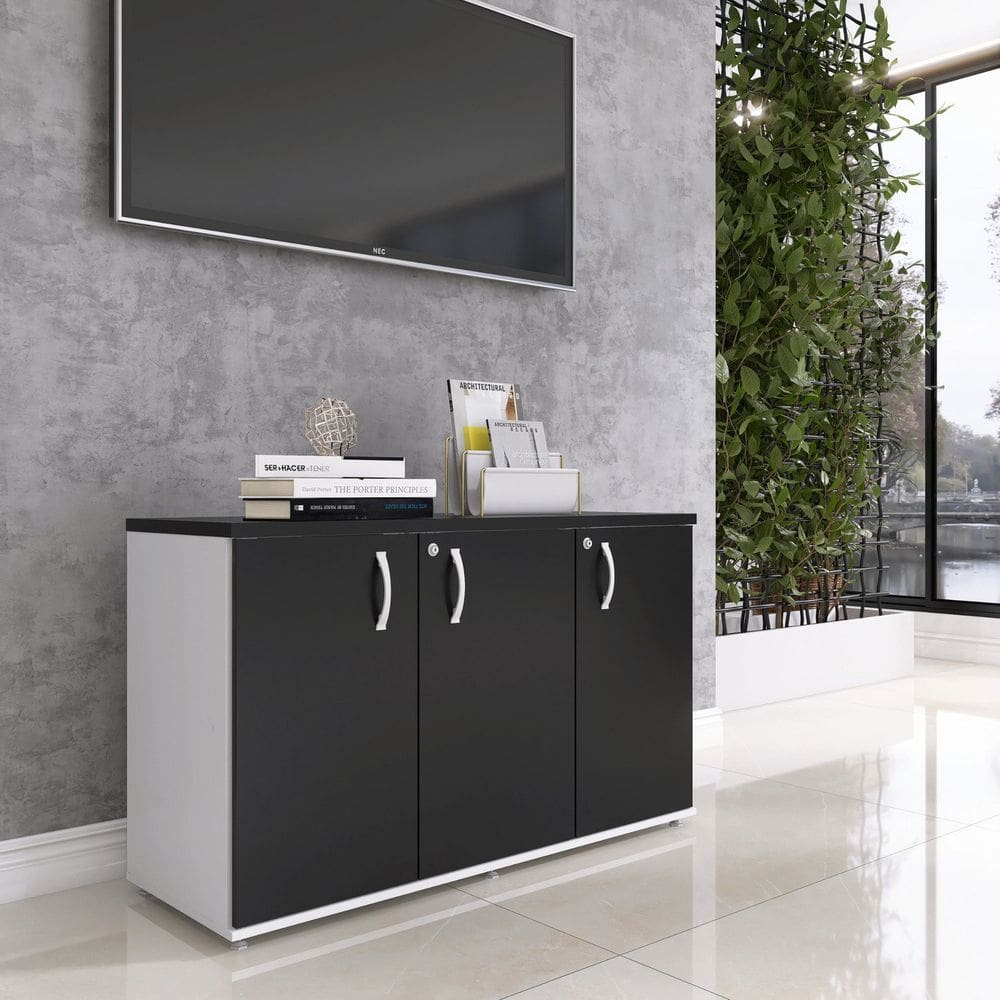 Armário para Escritório 3 Portas Credenza Cinza/Preto