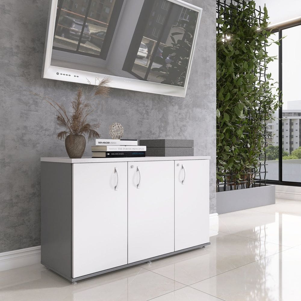 Armário para Escritório 3 Portas Credenza Grafito/Branco