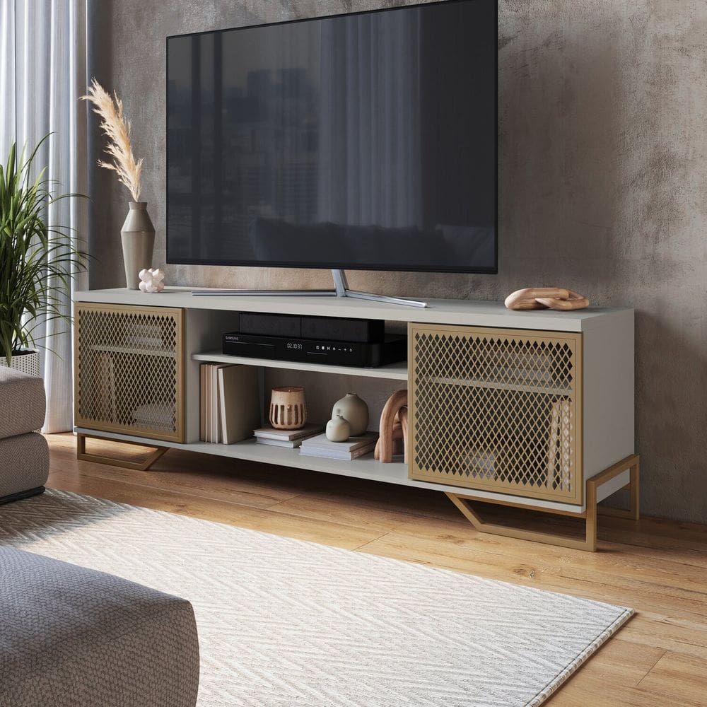 Rack para Tv 65 Polegadas Estilo Industrial 180cm em Mdp e Portas Teladas P1027 Arena / Dourado