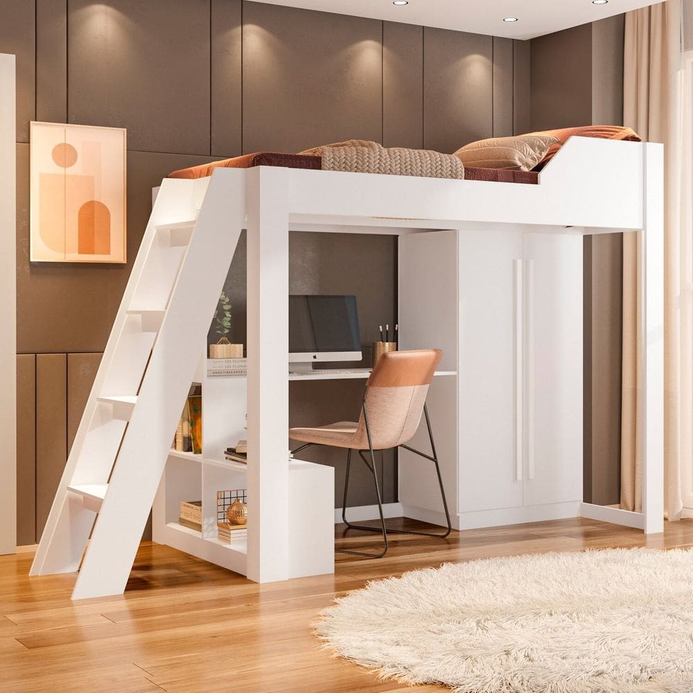 Cama Alta Office Adulto com Escrivaninha e Roupeiro Vivace Branco