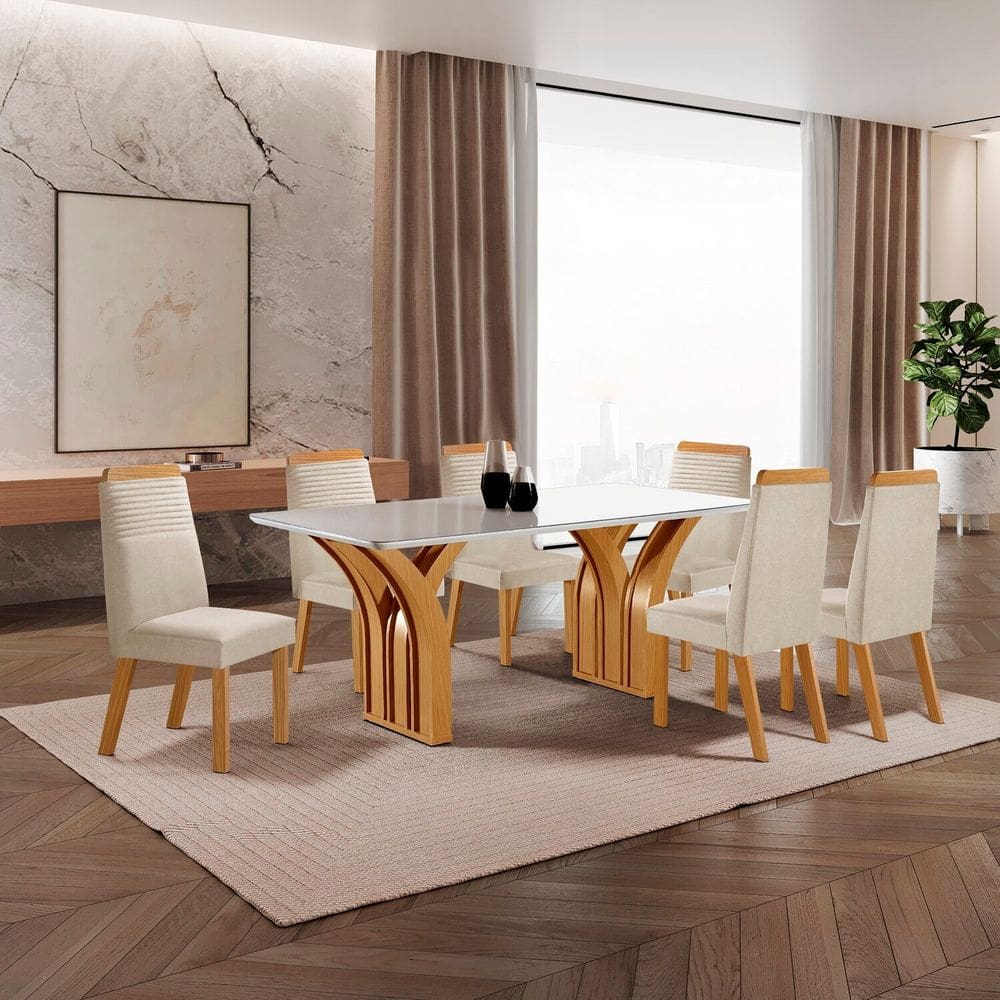 Conjunto de Jantar Mesa Miami Tampo Mdf e Vidro com 6 Cadeiras Catar Yescasa Castanho Cinamomo/Creme/Off White