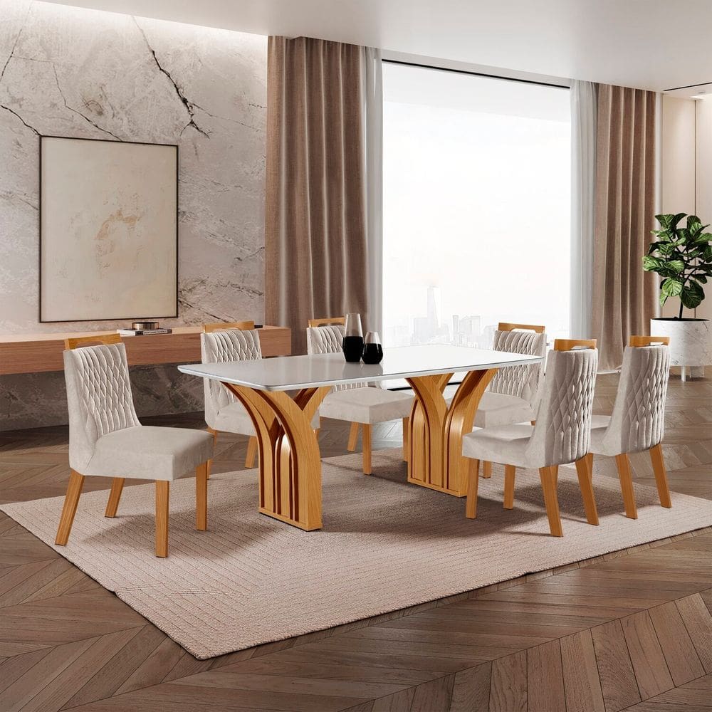 Conjunto de Jantar Mesa Miami Tampo Mdf e Vidro com 6 Cadeiras Atena Yescasa Castanho Cinamomo/Pena Bege/Off White