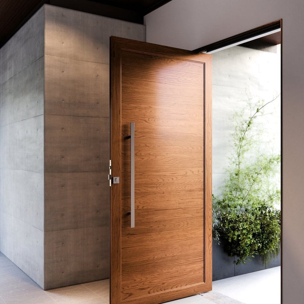 Porta de Alumínio Pivotante Lambri 215x105cm com Puxador de 80cm Lucasa Ideale Amadeirado