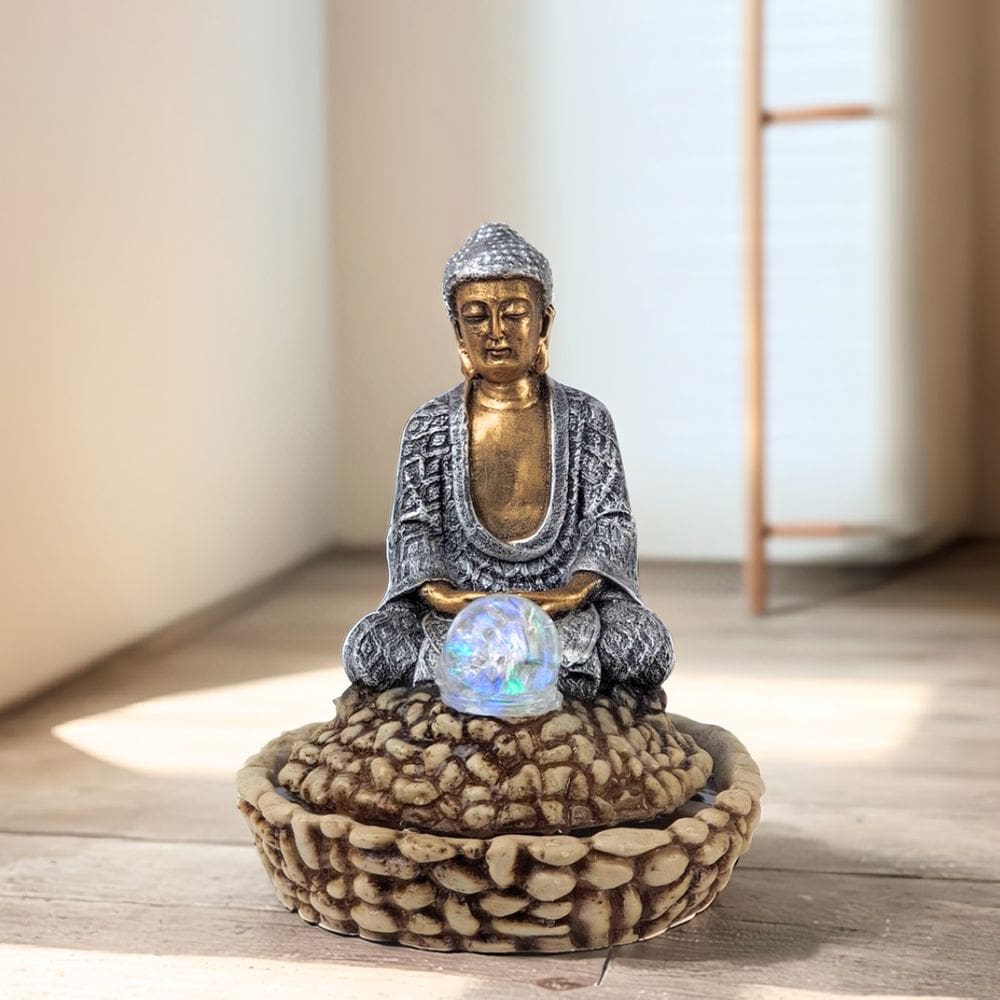 Fonte de agua decorativa cascata Buda com bola luz colorida