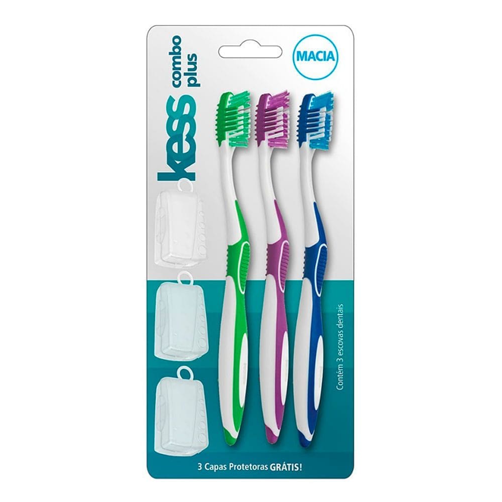 Escova Dental Kess Combo Plus Macia Cores diversas 3 Unidades e Ganhe 3 Capas Protetoras