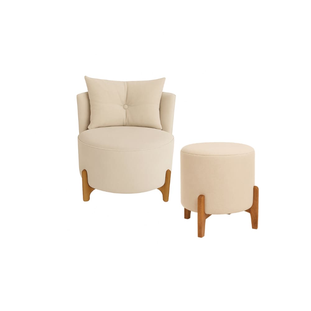 Kit Poltrona e Puff Luna Decorativa Curvo Orgânico Boucle Bege - Montanaris Decor