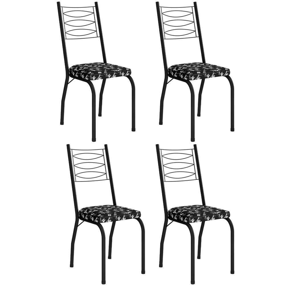 Kit 4 Cadeiras Aço Carbono Tubular Metálica Acabamento D-25 Luana Preto-preto Flor