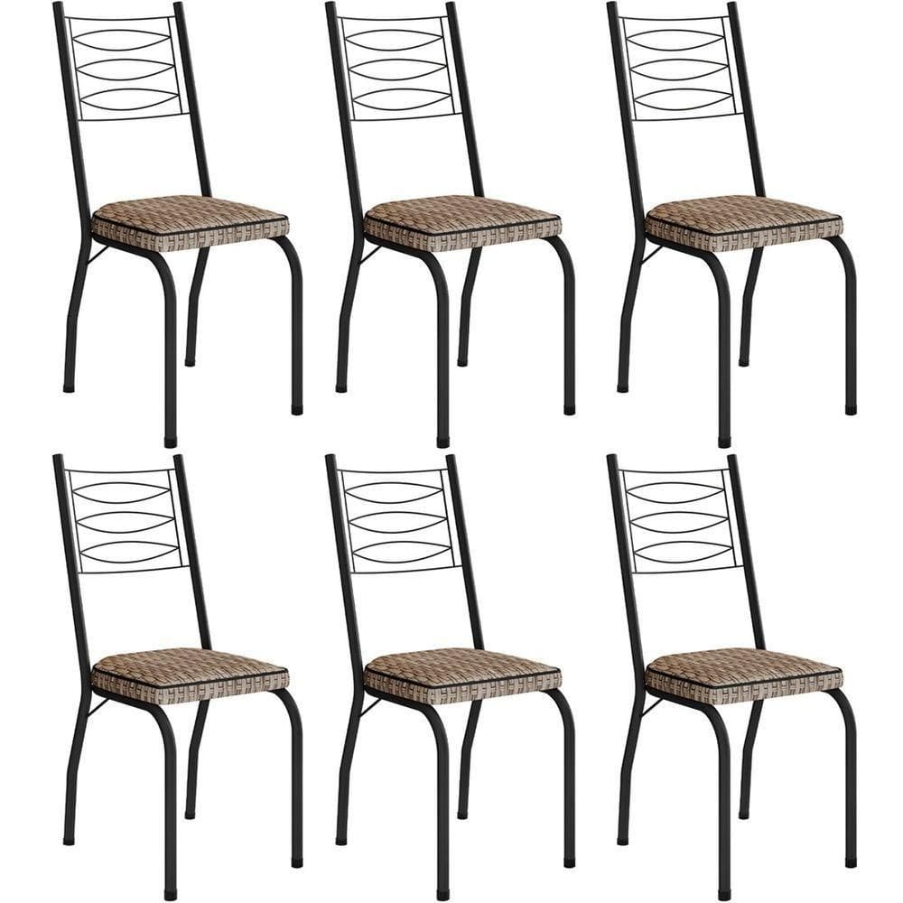 Kit 6 Cadeiras Aço Carbono Tubular Metálica Acabamento D-25 Luana Preto-rattan