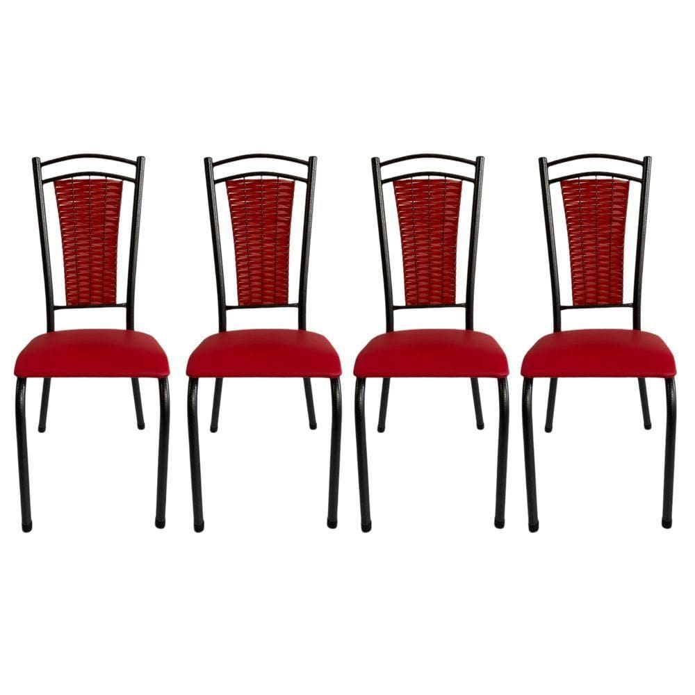 Kit 4 Cadeira Paris De Cozinha Tubular Preto Aço Estofada Encosto Junco Vermelho