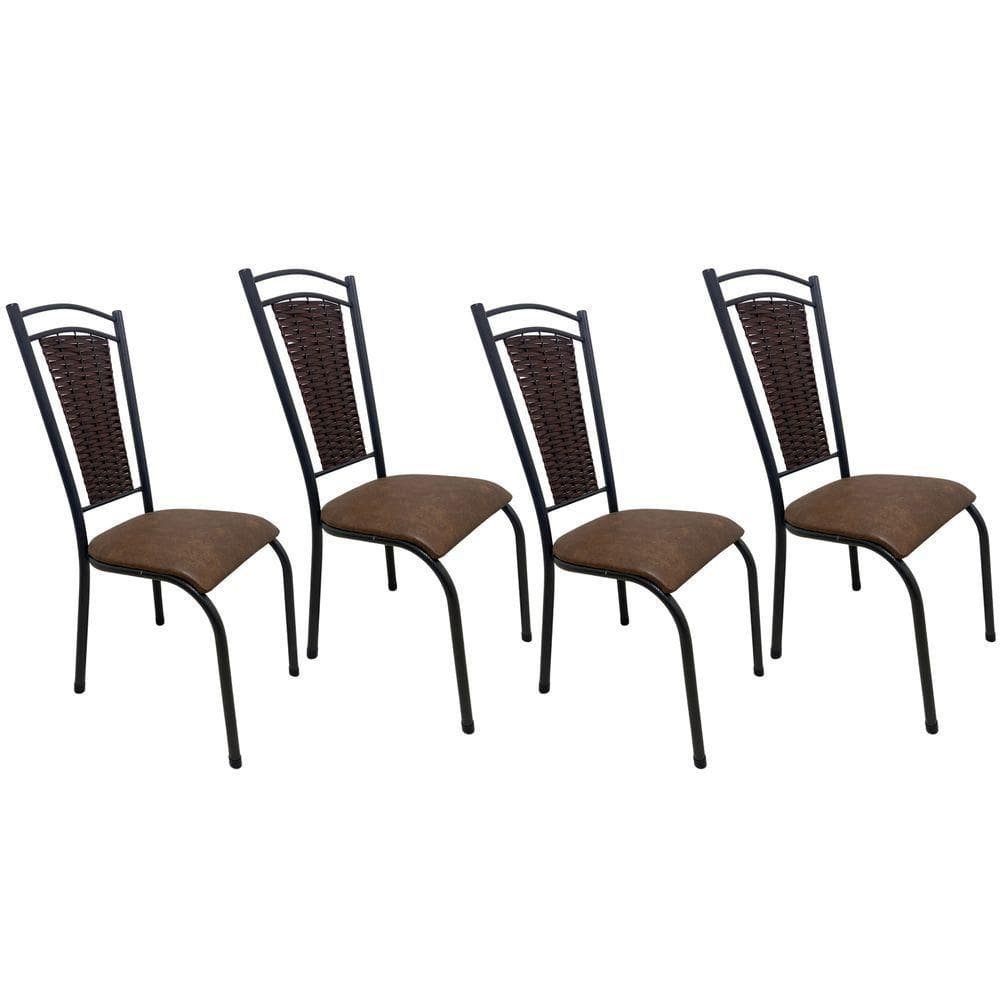 Kit 4 Cadeira Paris De Cozinha Tubular Preto Aço Estofada Encosto Junco Marrom