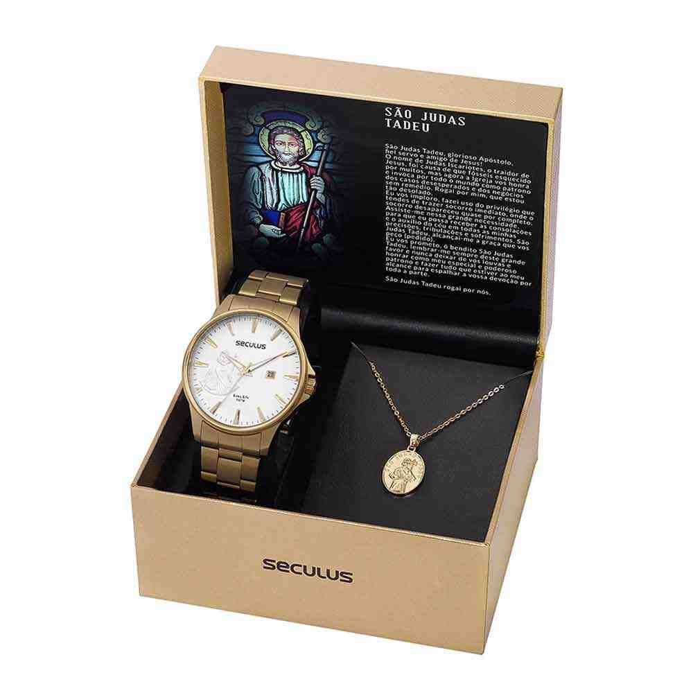 Relógio Seculus Masculino Kit São Judas Tadeu 35014gpskda1k1