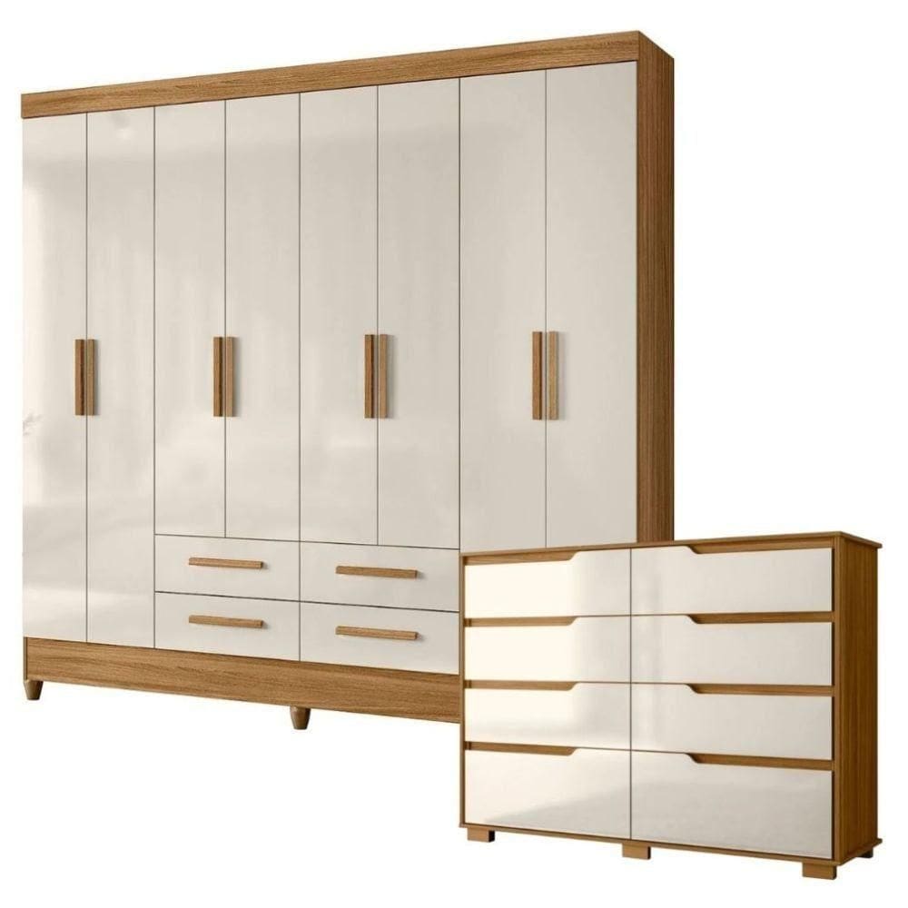 Conjunto Quarto Moval Guarda-roupa 8 Portas E Cômoda Freijo/Off White