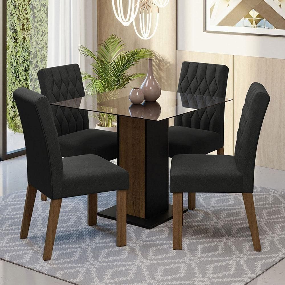 Conjunto Sala De Jantar Mesa Tampo De Vidro 4 Cadeiras Rustic Preto Oxford Noemi Madesa