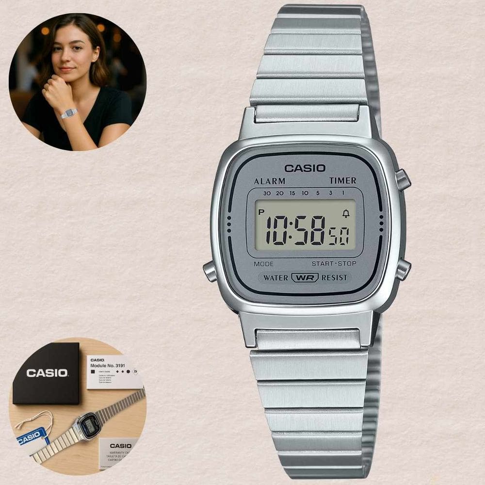 Relógio de Pulso Casio Feminino Digital Vintage Clássico Quadrado Pequeno Aço Inóx Resistente Água Retrô Casual Elegante Prata LA670WA-7DF