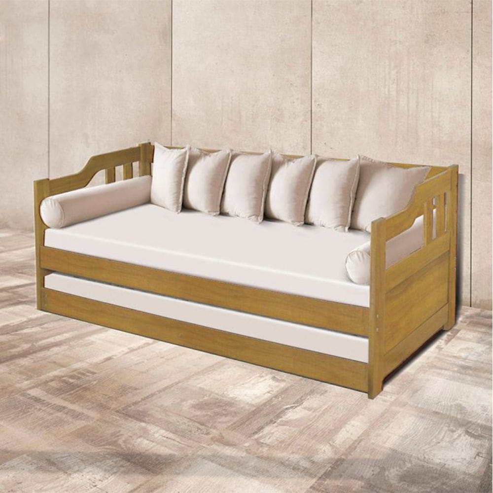 Sofá Cama Solteiro Vintage com Cama Auxiliar Madeira com 2 Colchões - Imbuia
