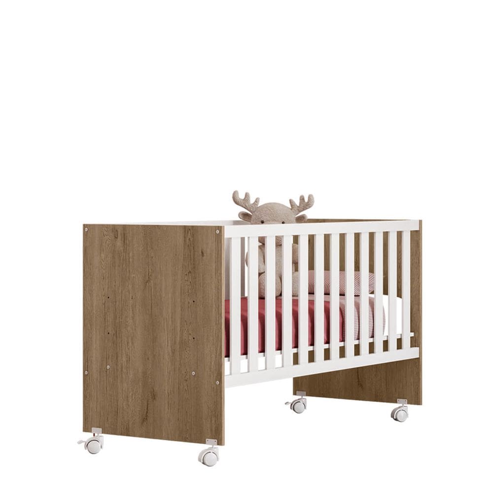 Berço Reto Infantil Encanto Feliz com Mosquiteiro e Rodízios -Carvalho Toq Rustico-Branco - ÉdeCasaMóveis