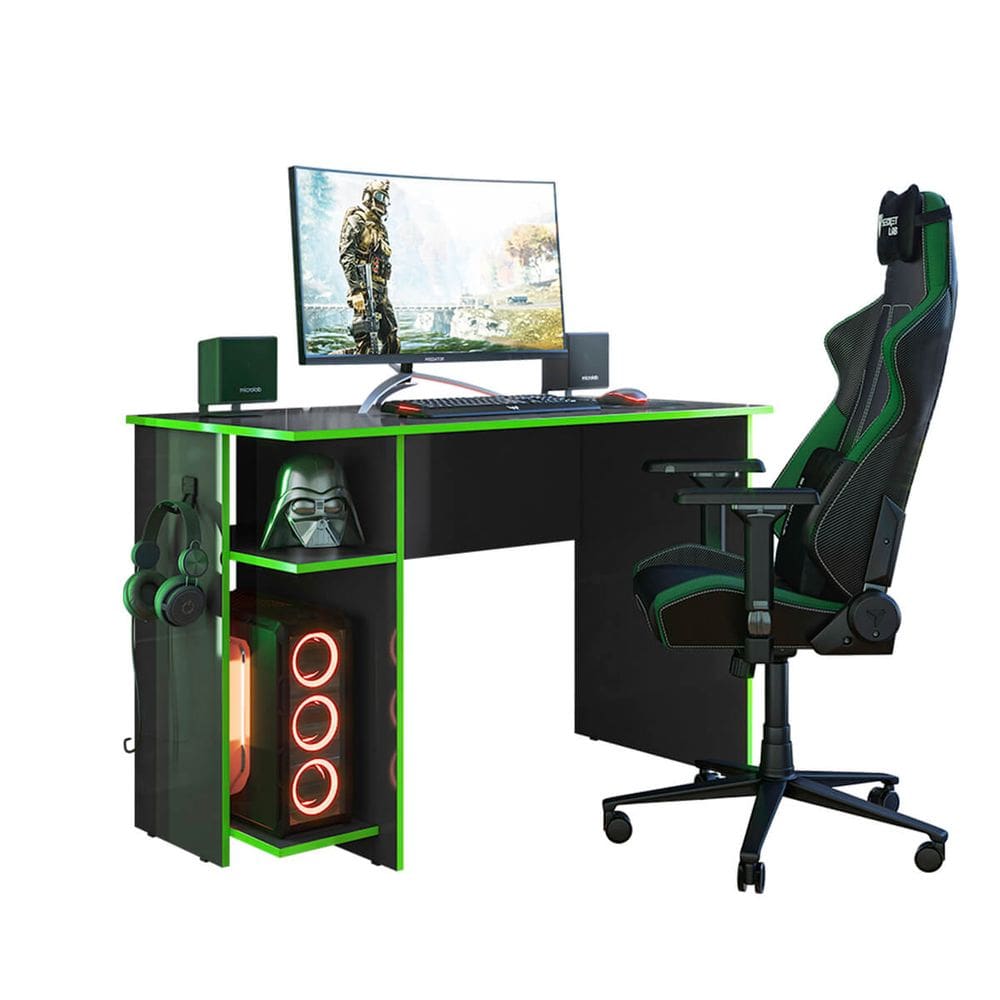 Mesa 114cm Gamer Outlaw Player -Preto-Fosco-Verde - ÉdeCasaMóveis
