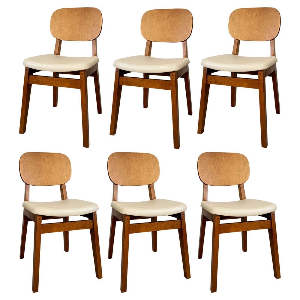 Kit 6 Cadeira de Jantar em Madeira Maciça com Assento Courino Bege Melissa