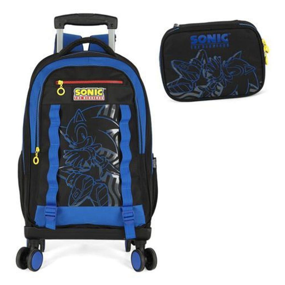 Kit Mochila Carrinho Rodinhas 360 Estojo Box Sonic
