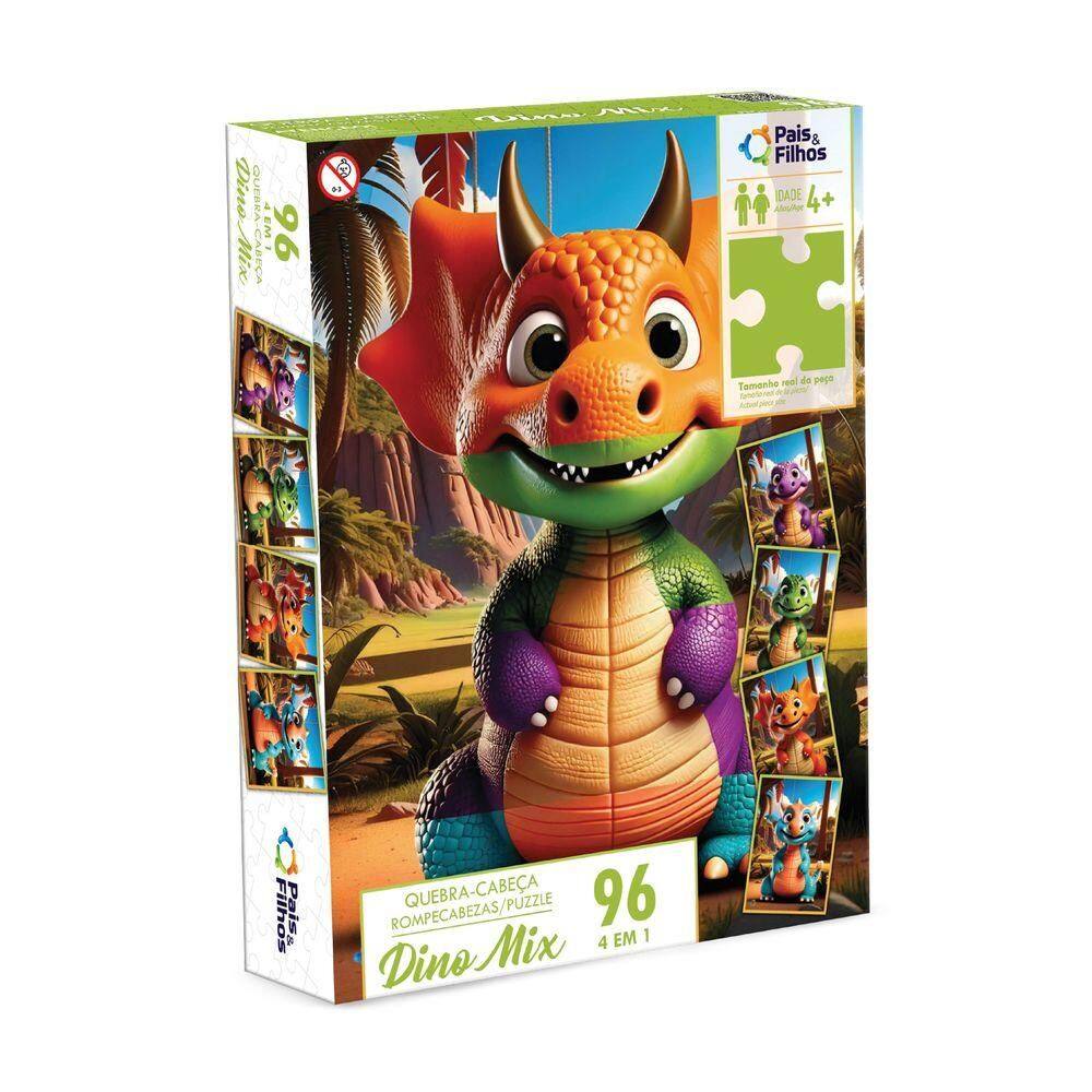 Quebra-Cabeça 4 em 1 Dino Mix 96 Peças - Pais e Filhos