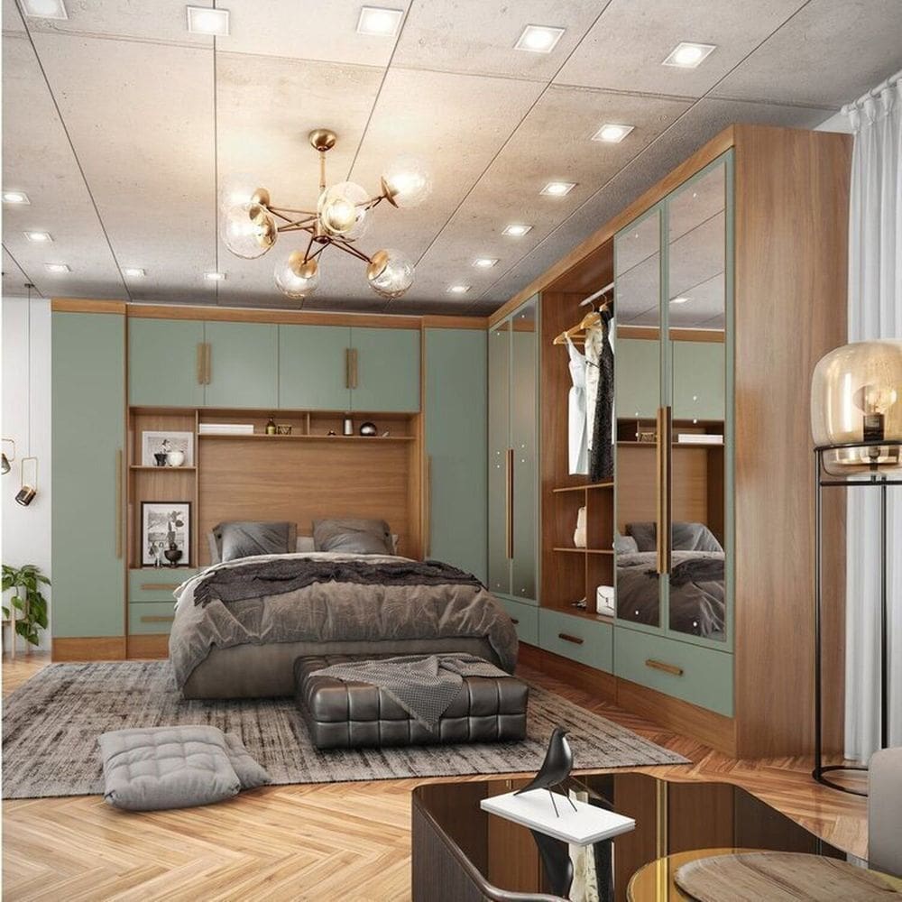 Guarda-Roupa Modulado 6 Peças 6 Portas com Maleiro e Espelhos Smart Plus Espresso Móveis Cinamomo / Verde