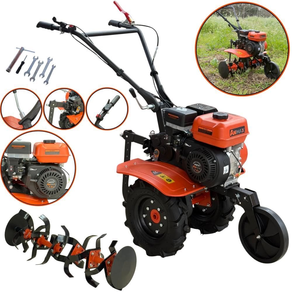 Tratorito Tipo Tobata À Gasolina Anmax MT170G Motor 4 Tempos 208cc 7HP Motocultivador Completo Com 24 Lâminas Cultivadoras e Rodas de Transporte