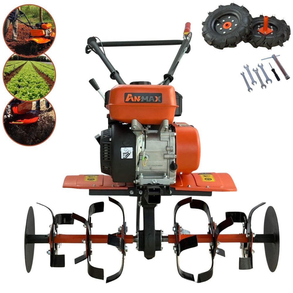 Micro trator Motocultivador Anmax MT-170G À Gasolina 4T 208cc 7HP Com 24 Lâminas Cultivadoras Ideal para Descompactação de Solo e Areia