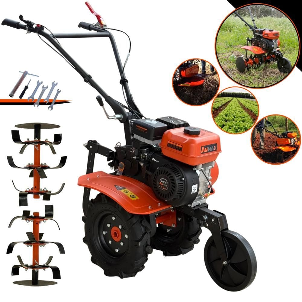 Motocultivador Micro Trator Tratorito Anmax MT-170G À Gasolina 4T 208cc 7HP Câmbio de 3 Marchas Com 24 Lâminas Cultivadoras e Rodas Para Transporte