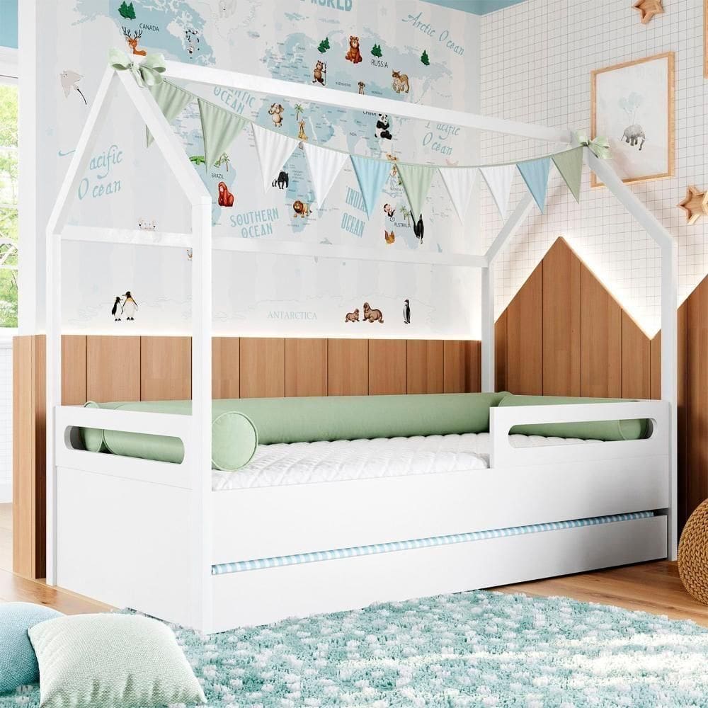 Cama Montessoriana Casinha E Cama Auxiliar Coleção Tivoli Branco