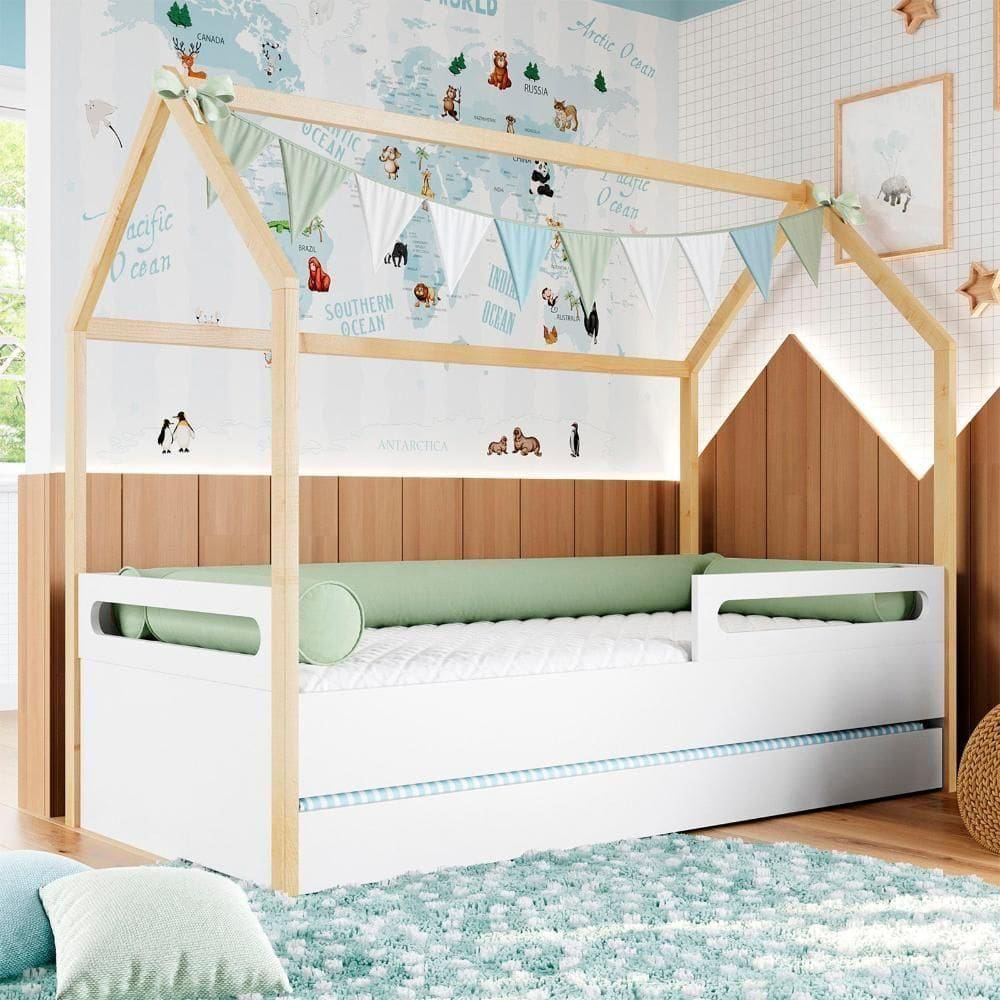 Cama Montessoriana Casinha Com Cama Auxiliar Coleção Tivoli Nature Branco