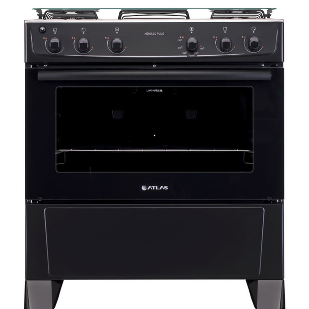 Fogão de Piso Atlas Mônaco Plus 5 Bocas com Mesa Inox 86,5 Litros Bivolt Preto