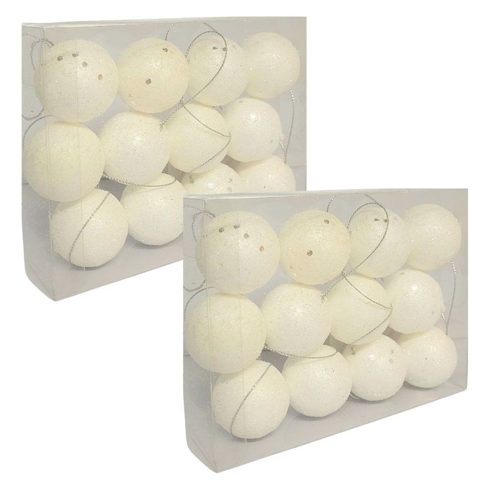 Jogo 24 Bolas de Natal Brancas Glitter Prime 4cm na Caixa - Magizi
