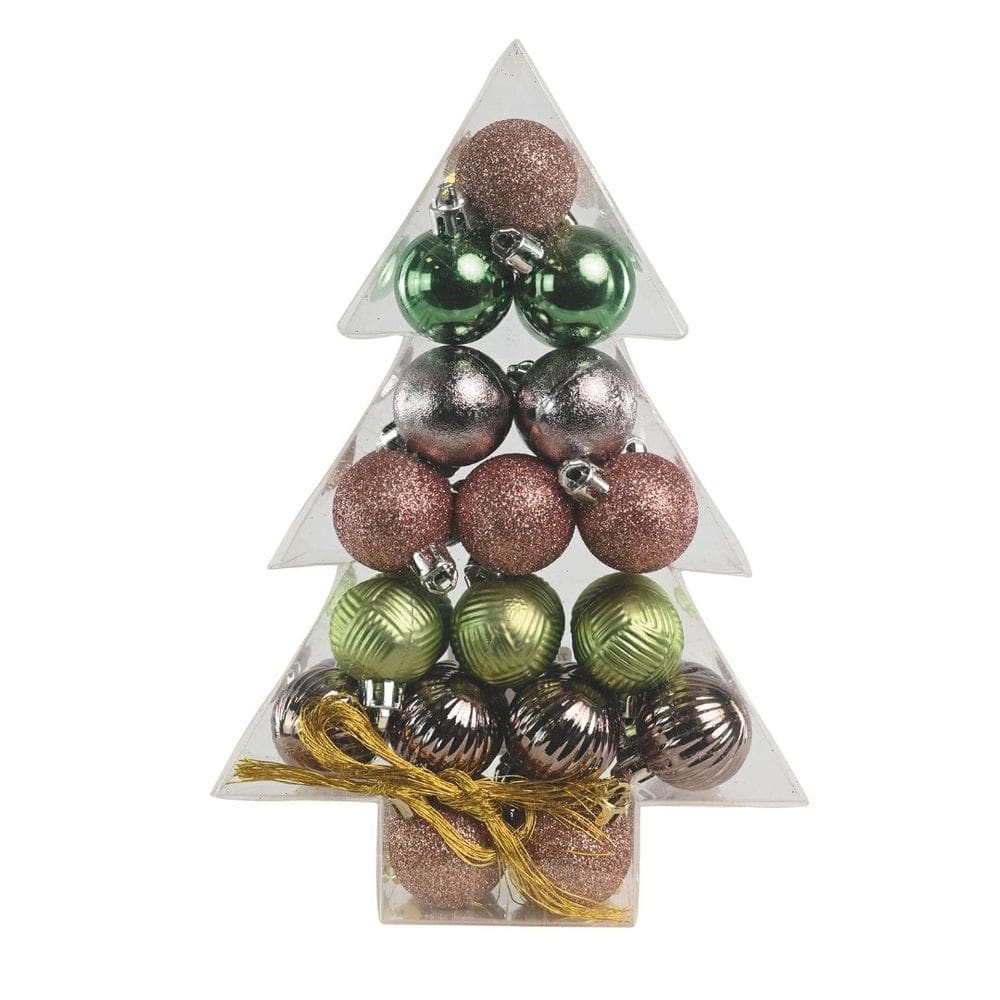Super Kit 34 Bolas Natal Verde e Rosê Texturas 3cm na Caixa Pinheiro Decor - Magizi