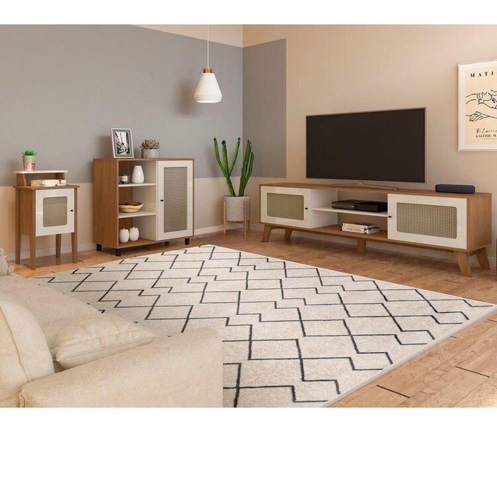 Kit para Sala de Estar Mesa de Apoio e Buffet e Rack Charlotte Cinamomo/Off White