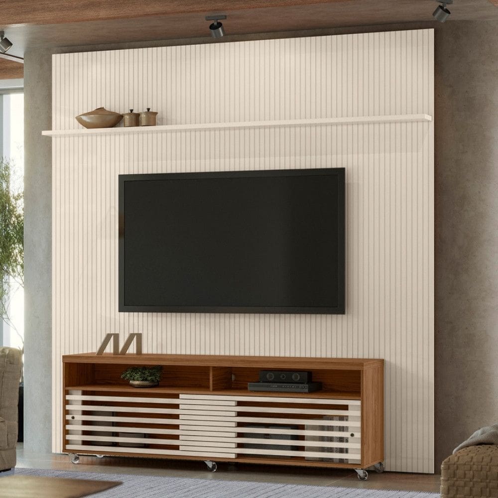 Rack com Painel Frisado para TV até 65 Polegadas 2 Portas de Correr com Rodízios Frizz New Prestige Madetec