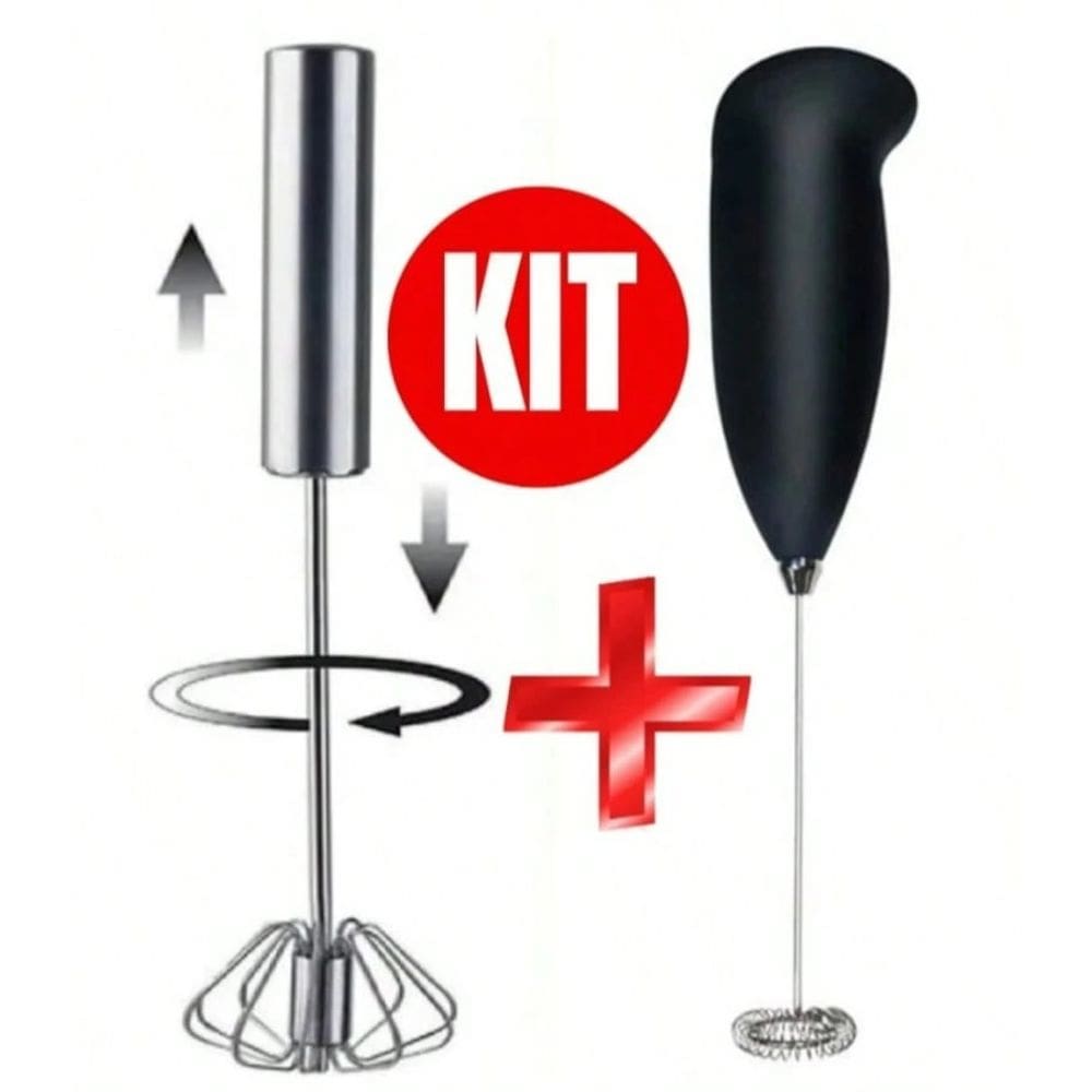 Kit Mini Mixer Elétrico Misturador Bebidas + Batedor de Ovos Misturador Giratório Inox Semi Automático