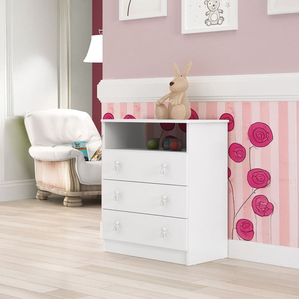 Cômoda Infantil com 3 Gavetas 1 Nicho Branco