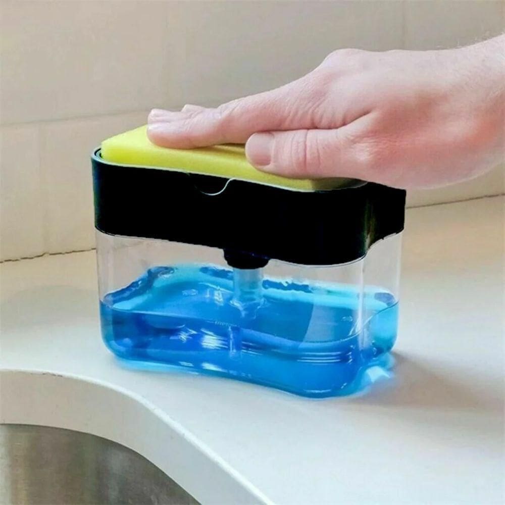 Dispenser Dosador De Detergente Sabão 2x1 Esponja Limpeza Cozinha Com Dosador Branco
