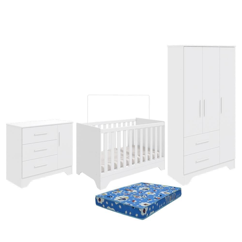 Dormitório Infantil Popy Retrô Plus Guarda Roupa, Cômoda e Berço com Colchão Baby Physical - Móveis Peroba