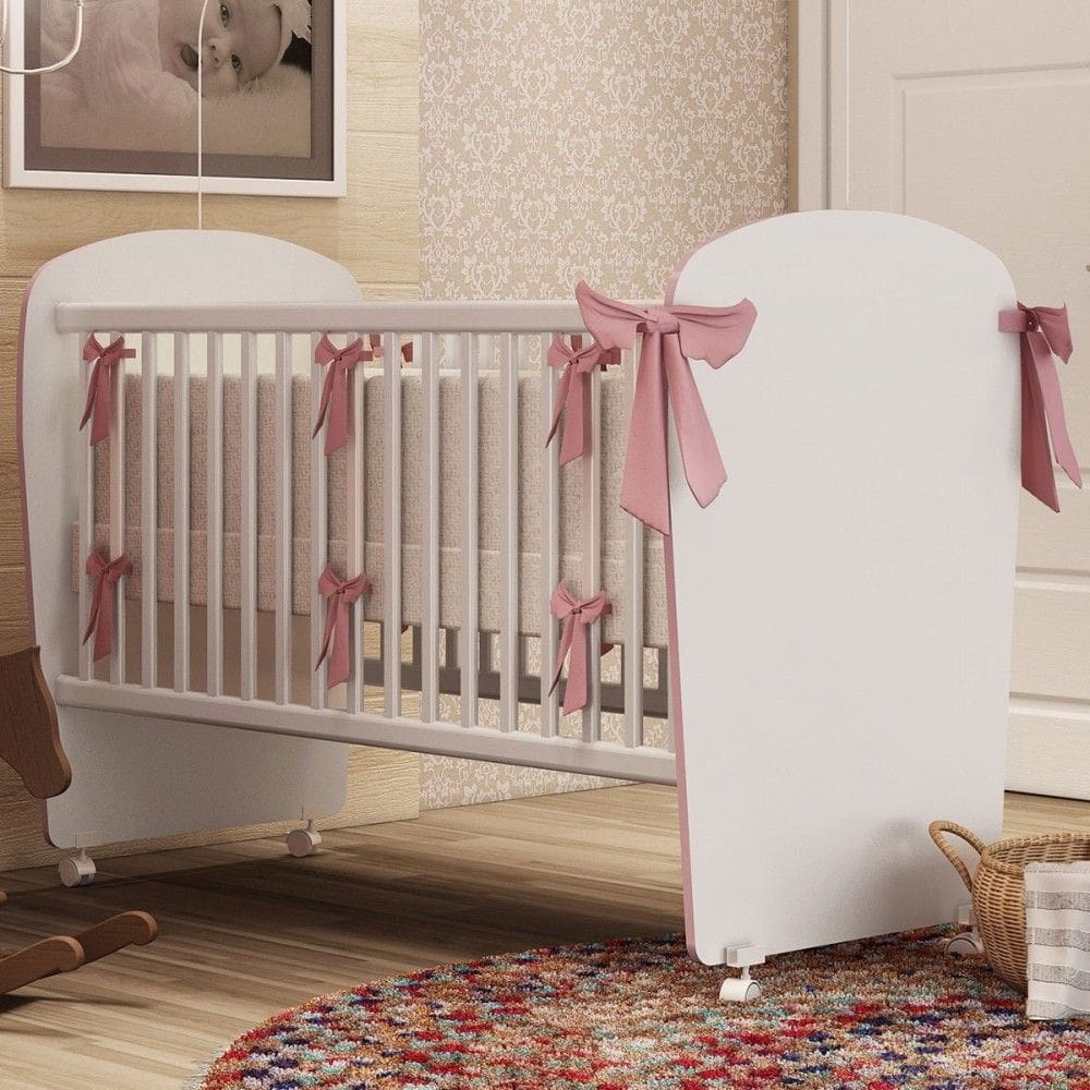 Berço Baby com Rodízios Branco/Rosa - Percasa