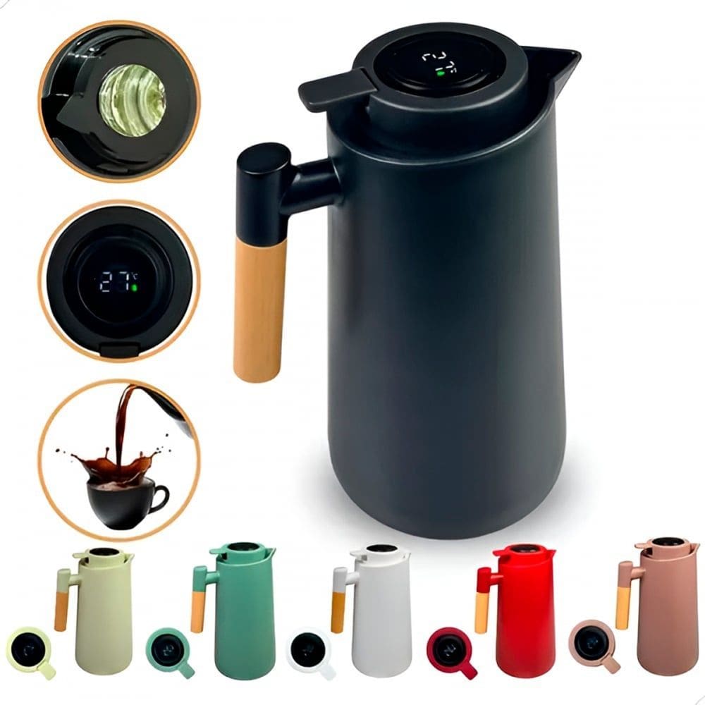 Garrafa Térmica Jarra Inox 1 Litro Café Chá Cabo Madeira Preto