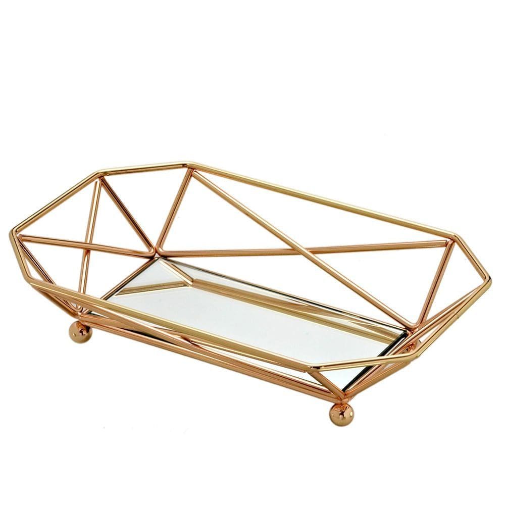 Bandeja Decorativa Metal Vidro Dourada e Espelhada 30x20x7