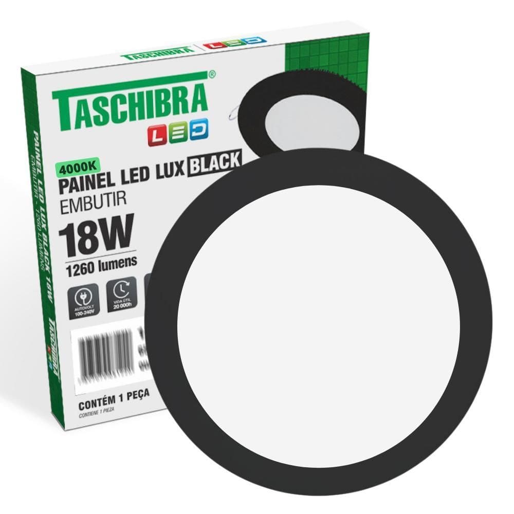 Painel De Led Redondo Embutir 12W Preto Bivolt Taschibra